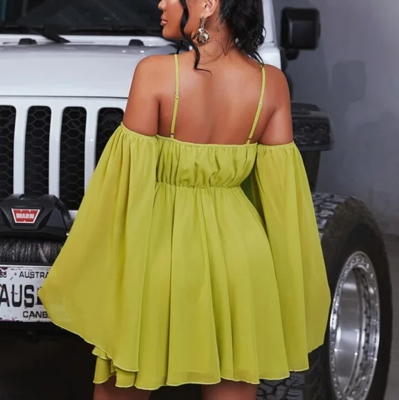 SHEIN | Dresses | Shein Sexy Cold Shoulder Flounce Sleeve Olive Green Dress  | Poshmark